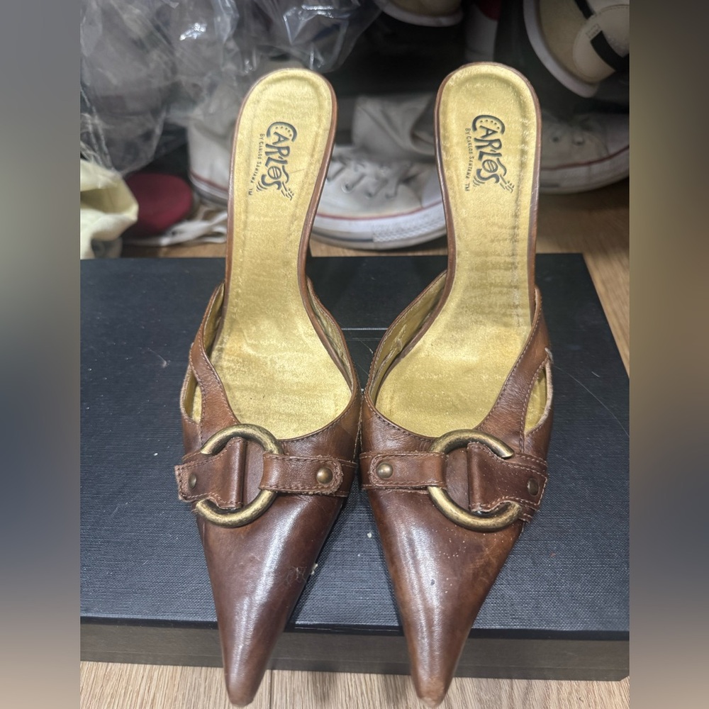 ❌SOLD❌Pointy Brown Heels with Gold Buckle